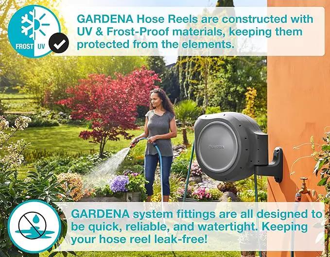 GARDENA 20505, 100' Retractable Garden Hose Reel with US Hose Threads - 100' x 1/2" hose, Automatic Retraction & Length Lock for Easy Watering. Heavy Duty Swivel Bracket 180°, Includes Nozzle. by GreenHaven Gardens