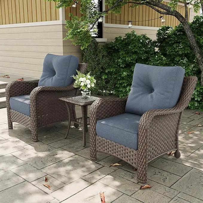 3 Pieces Outdoor Patio Furniture Sets with Single Chairs with 6-inch Thick Cushion and Side Table for Deck Lawn by GreenHaven Gardens