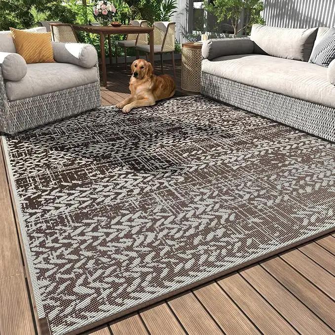 MontVoo Outdoor Rug Waterproof-Patio Rug Mat 5x8 Outdoor Carpet Reversible RV Camping Picnic Plastic Straw Rug Outside Outdoor Area Rug for Balcony Deck Backyard Patio Decor Boho Modern-Brown by GreenHaven Gardens