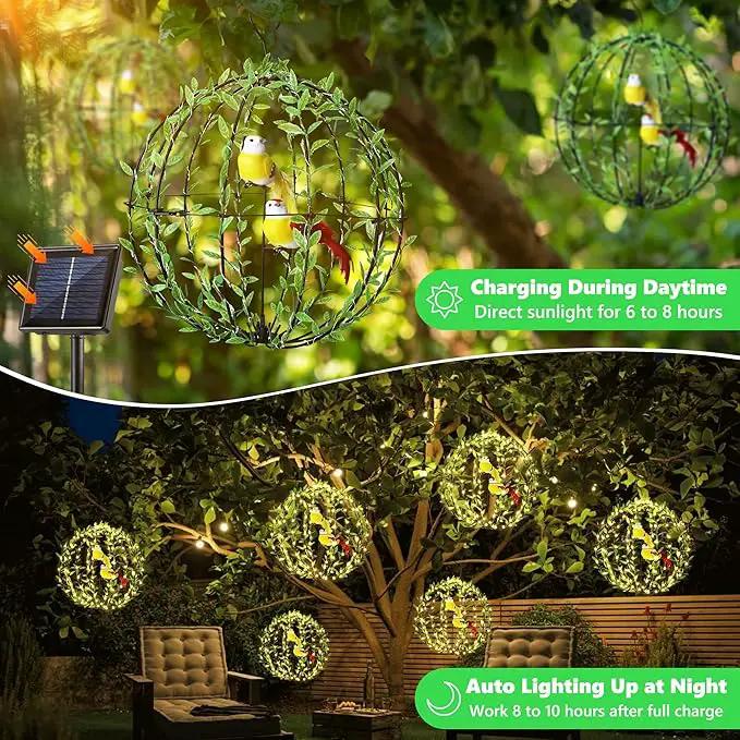 Joomer Solar Lights Outdoor, 2 Pack 12in 120 LED Solar Hanging Light Balls Outdoor, 8 Modes Waterproof Foldable Metal Sphere Light with Hook for Outside Hanging - Warm White(Ball with Green Leaf+Bird) by GreenHaven Gardens