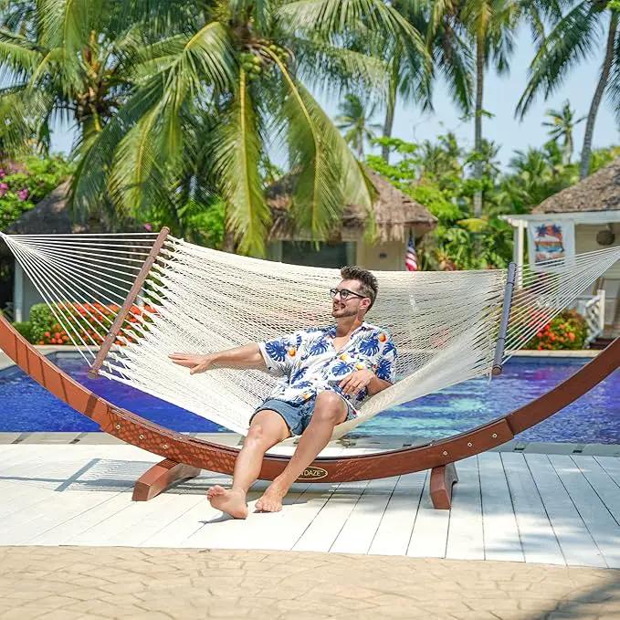 Lazy Daze Hammocks 10.5 FT Double 2 Person Caribbean Rope Hammock, Hand Woven Polyester Hammock with Spreader Bars, for Outside Outdoor Backyard Patio Poolside,450 LBS Capacity, Cream by GreenHaven Gardens