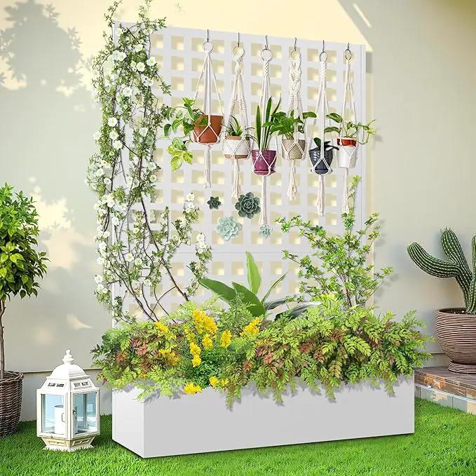 Metal Raised Garden Bed, Trellis Planters Bed with Drainage Holes for Climbing Plants, Vegetables Outdoor Privacy Screen with Planter Box 73"x47"x16", White by GreenHaven Gardens