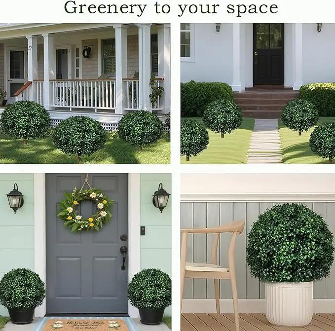 Artificial Boxwood Topiary Ball Tree Outdoor Set of 2,Artificial Boxwood Plants with Ground Spike,Faux Shrubs Fake Evergreen Tree UV Resistant,Diameter 17" by GreenHaven Gardens