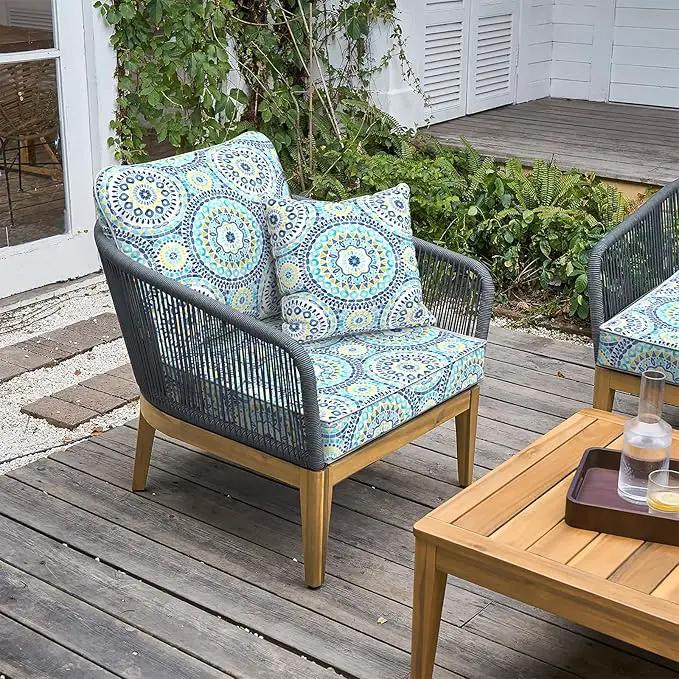 LVTXIII Outdoor Deep Seat Cushion Patio Seat and Back Cushion Set Seasonal Chair Cushion with Removable Cover and Adjustable Buckle for Home and Garden, 24"x24"x4", Delancey Lagoon by GreenHaven Gardens