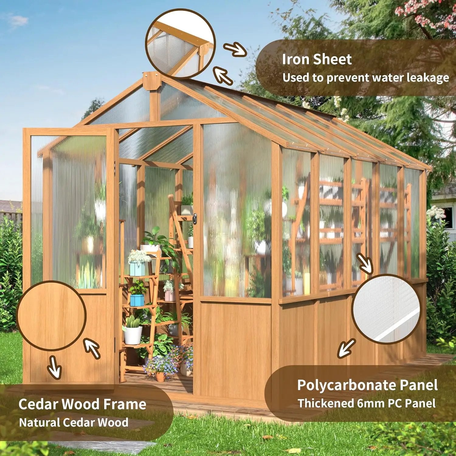 Wooden Greenhouse 6x10 FT, Walk-in Greenhouse for Outdoors with 6MM Thick Polycarbonate Panel and Adjustable Roof Vents, Garden Backyard, Wood Colour by GreenHaven Gardens