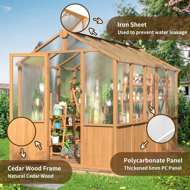 Wooden Greenhouse 6x10 FT, Walk-in Greenhouse for Outdoors with 6MM Thick Polycarbonate Panel and Adjustable Roof Vents, Garden Backyard, Wood Colour by GreenHaven Gardens