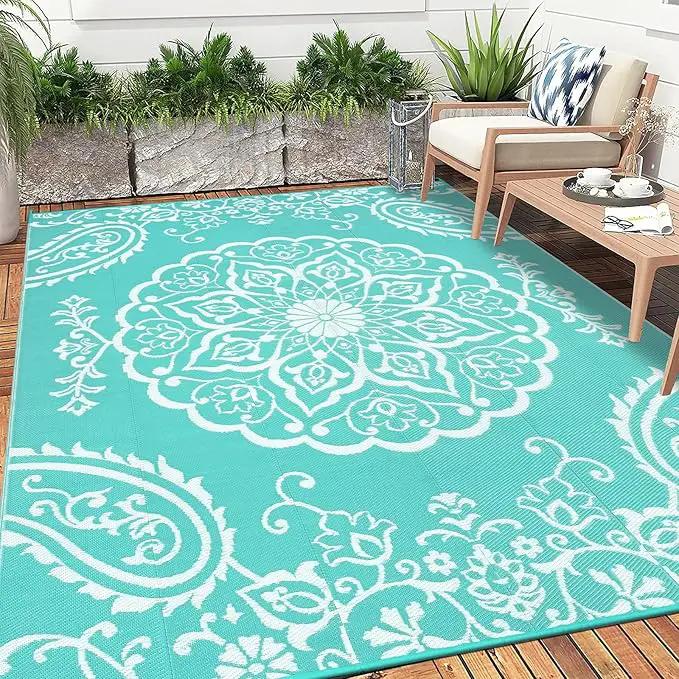 Pauwer Waterproof Outdoor Rug 6x9, Reversible Plastic Straw Patio Camping Rug, Indoor Outdoor RV Mat Carpet for Deck, Camper, Porch, Balcony, Backyard, Picnic, Boho Light Blue by GreenHaven Gardens