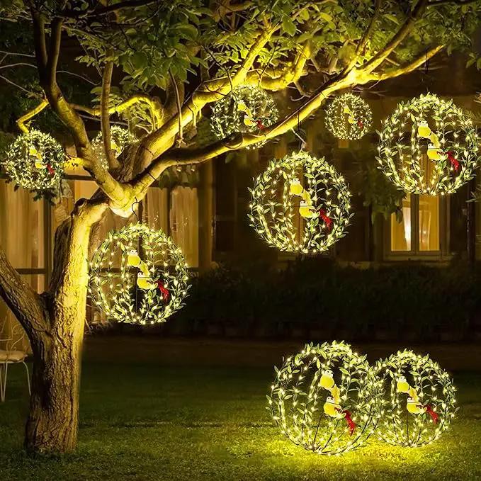 Joomer Solar Lights Outdoor, 2 Pack 12in 120 LED Solar Hanging Light Balls Outdoor, 8 Modes Waterproof Foldable Metal Sphere Light with Hook for Outside Hanging - Warm White(Ball with Green Leaf+Bird) by GreenHaven Gardens