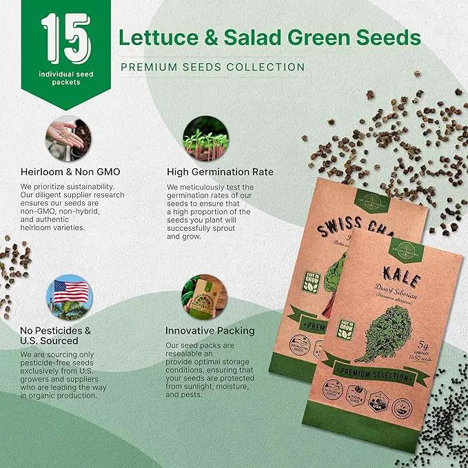 Organo Republic 15 Lettuce & Salad Greens Seeds Variety Pack 17700+ Non-GMO Heirloom Lettuce Seeds for Indoors & Outdoors Garden, Hydroponics, Aerogarden - Arugula, Kale, Spinach, Swiss Chard, Lettuce