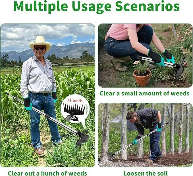 Weeding Puller Tool with Long Handle, 11 Tooth Manual Weed Rake Weeder Remover Tool Gardening with Gloves, Dandelion Gardenia Uprooting Tool for Yard, Lawn, Patio and Garden by GreenHaven Gardens