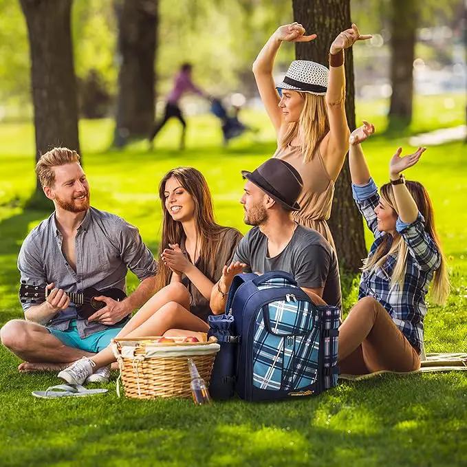 Apollo walker Picnic Backpack Set for 4 with Cooler Compartment,Detachable Bottle/Wine Holder Including Large Picnic Blanket(45"x 53") for Picnic Family and Lovers Gifts,Outdoor,BBQ Time (Blue) by GreenHaven Gardens