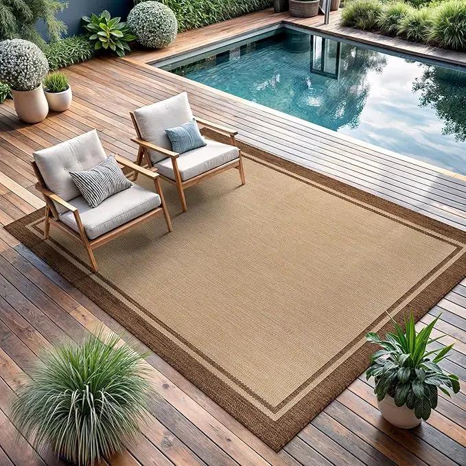 CAMILSON Indoor Outdoor Rug, 10x14 Bordered Natural Brown Modern Large Area Rugs for Indoor and Outdoor Patios, Kitchen and Hallway Mats, Washable Porch Deck Outside Carpet (Jute, 10 x 14) by GreenHaven Gardens