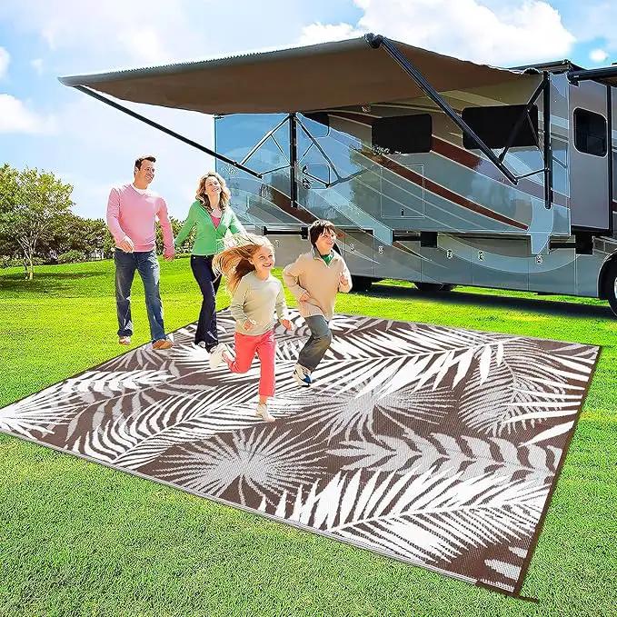 Outdoor Rug Waterproof for Patios Clearance, Reversible Outdoor Plastic Straw Rug Camping Carpet, Outside Floor Mats Large Area Rugs for RV,Patio,Deck,Porch,Beach,Balcony，10'x8',Brown&White by GreenHaven Gardens