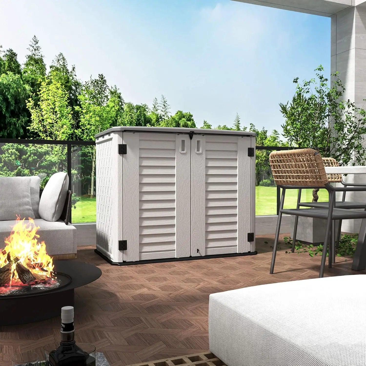 HOMSPARK Storage Shed Weather Resistance, Multi-Purpose Outdoor Storage Cabinet Waterproof, Outdoor Storage Cabinet for Bike, Garbage Cans, Lawnmower, Garden Accessories (off white, Standard-26 cu ft) by GreenHaven Gardens