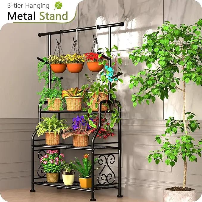 GIOTORENT Plant Stand Indoor Outdoor, 3-Tier Heavy Duty Metal Shelves, Display up to 14 Multiple Plants, Tall Plant Holder with Plant Hanger, Suit for Patio Living Room Garden Balcony, 5 Hooks, Black by GreenHaven Gardens