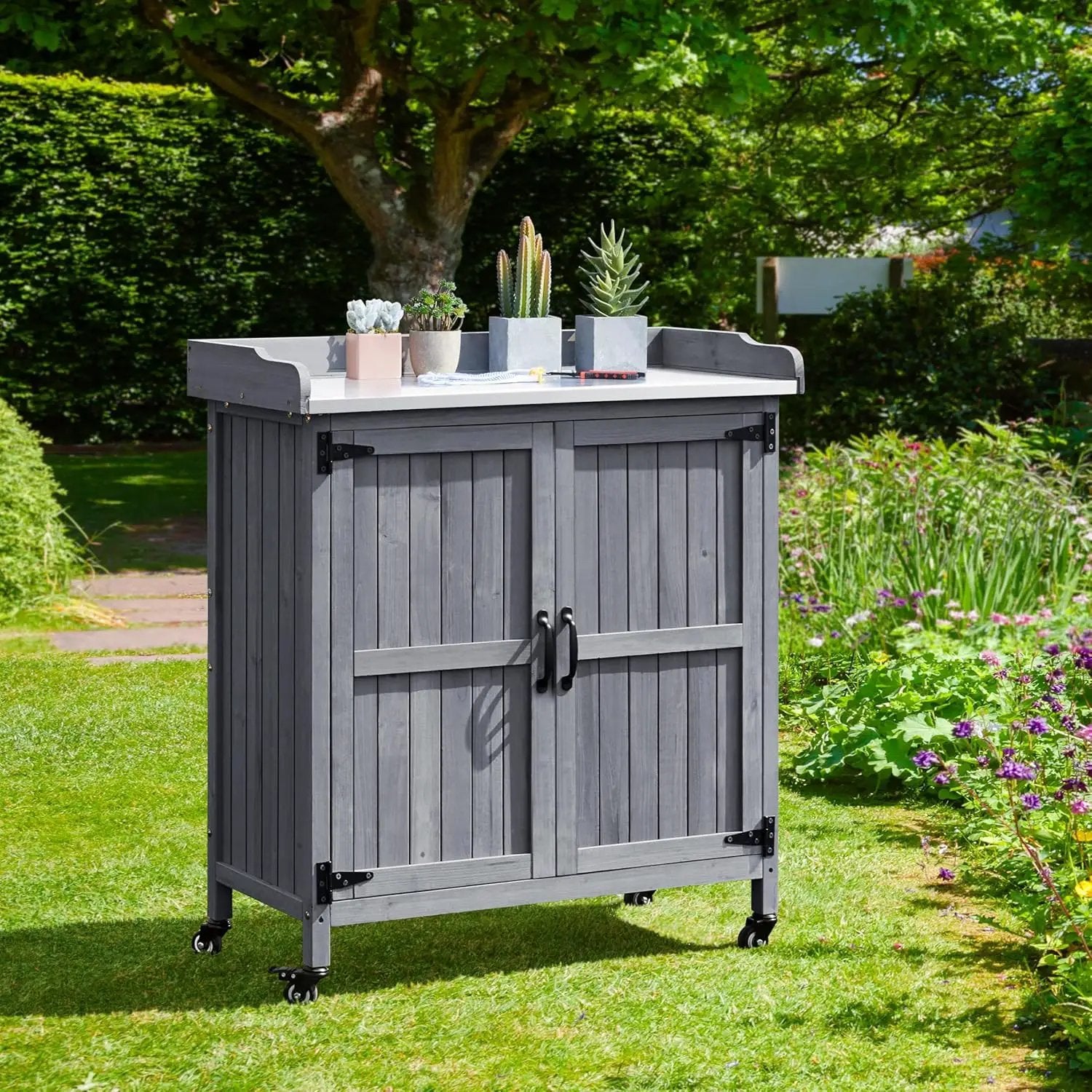 Yaheetech Garden Potting Bench Table, Outdoor Garden Horticultural Wooden Storage Cabinet & Solid Wood Planting Work Bench with Large Space Storage & Metal-Plated Tabletop, Gray by GreenHaven Gardens