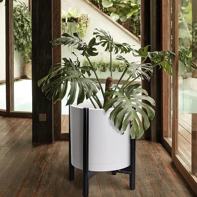 D'vine Dev Planter Pot with Stand - 16 Inch Plastic Cylinder Flower Pot with Wood Planter Holder for Indoor, Matte White Pot + Ebony Stand, 55-C-Z-1 by GreenHaven Gardens