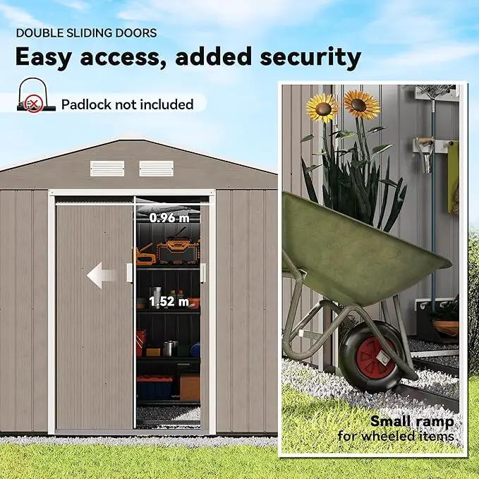 Outsunny 9' x 6' Outdoor Storage Shed, Garden Tool Metal Shed with Foundation Kit, Double Lockable Door, Air Vents and Sloping Roof, for Backyard, Patio, Lawn, Light Brown by GreenHaven Gardens