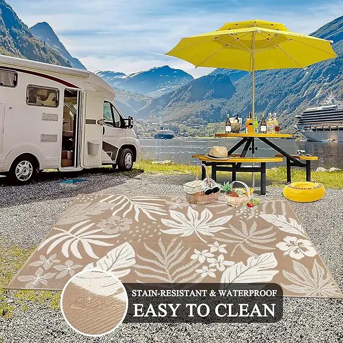 Pauwer Waterproof Outdoor Rug 6x9, Reversible Plastic Straw Patio Camping Rug, Indoor Outdoor RV Mat Carpet for Deck, Camper, Porch, Balcony, Backyard, Picnic, Floral Brown by GreenHaven Gardens