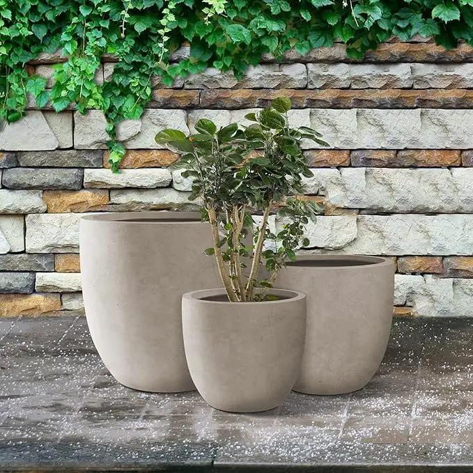 Kante 18",14",10" Dia Concrete Round Planters (Set of 3), Outdoor Indoor Large Planter Pots with Drainage Hole and Rubber Plug for Home Patio Garden, Buff Concrete by GreenHaven Gardens