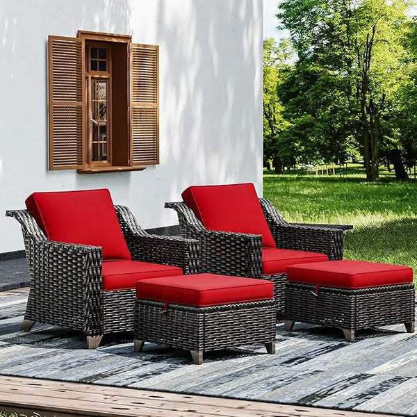 Joyside Wicker Patio Furniture Sets, 4 Pieces Upgraded Large Size Outdoor Furniture with Patio Dining Chairs and Outdoor Ottoman, Thick Cushions, Wide Armrest