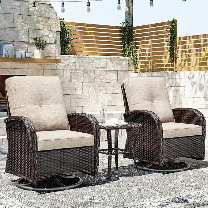 Joyside Outdoor Swivel Rocker Chairs, 3 Piece Wicker Patio Set with Thick Cushion and Side Table, Rattan Patio Swivel Rocking Chairs for Porch, Deck Use (Brown/Beige, 3 PCS) by GreenHaven Gardens