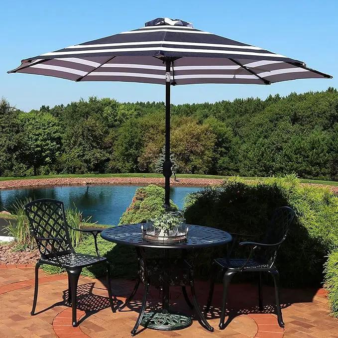 Sunnydaze Outdoor Patio Umbrella - Polyester Table Market Umbrella with Push-Button Tilt and Crank - 8 Sturdy Ribs - Navy Blue Stripe - 9ft by GreenHaven Gardens