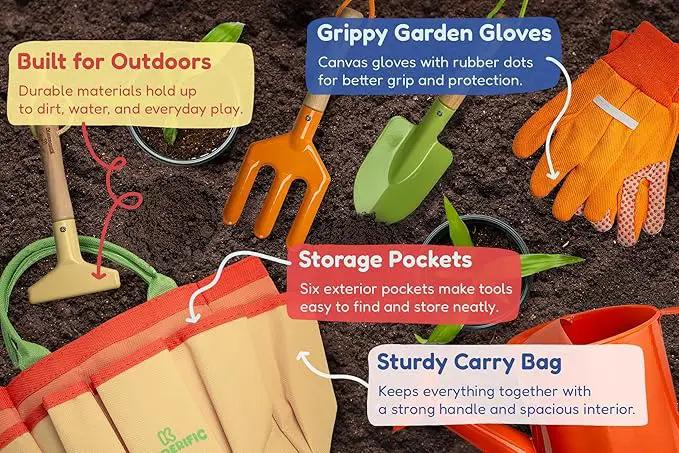 Gardening Set, Tool Kit, for Kids, STEM, Includes Tote Bag, Spade, Watering Can, Rake, Fork, Trowel and Gloves (Sunshine) by GreenHaven Gardens