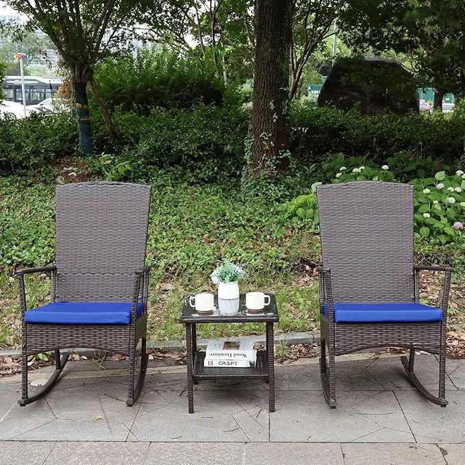 Rocking Chair Outdoor 3 Pieces High-Backed Patio Rocking Chairs Bistro Table and Chairs Set of 2, Royal Blue by GreenHaven Gardens