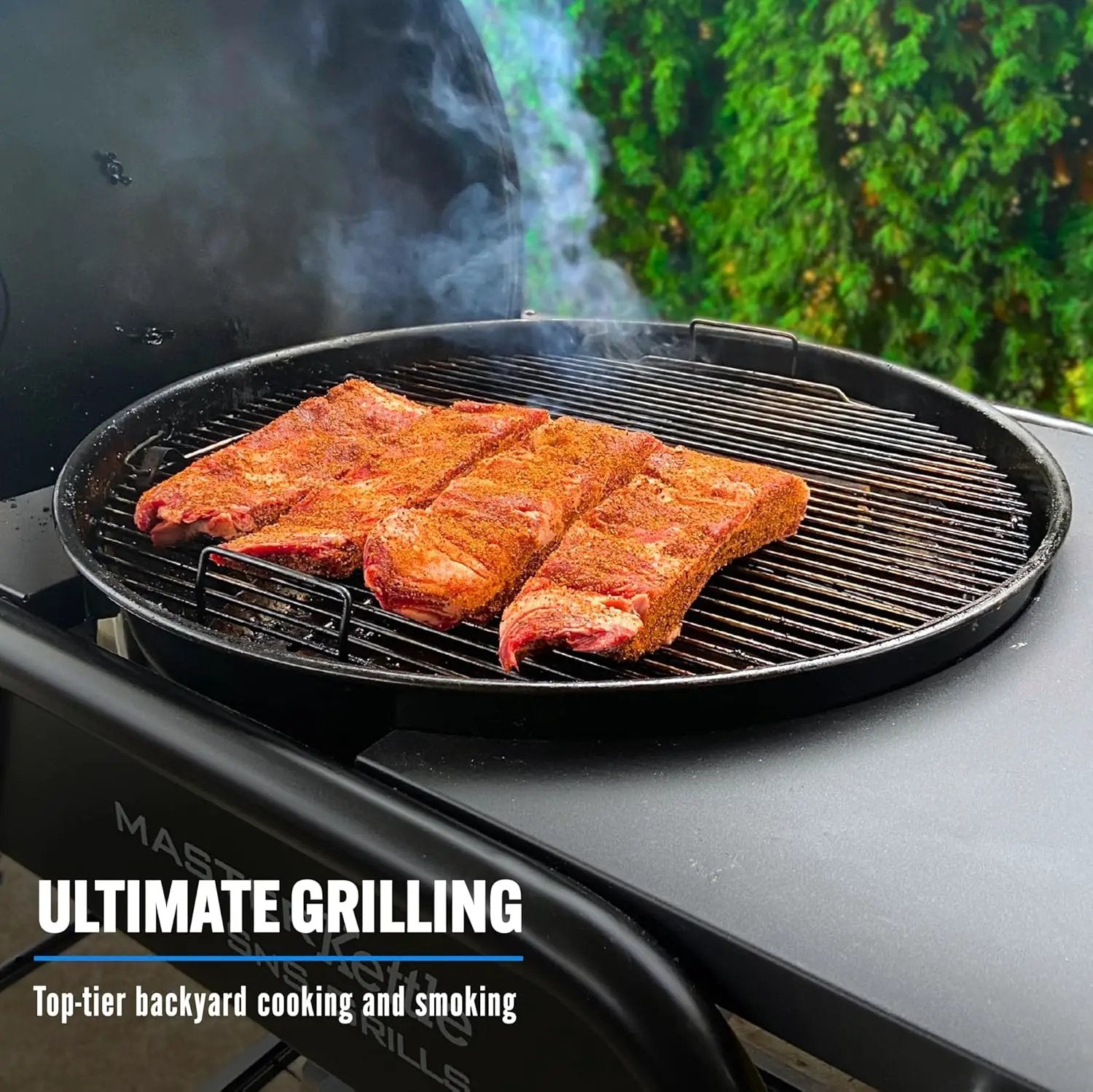 SnS Grills MasterKettle Charcoal Grill and Smoker with Patented Slow ‘N Sear Deluxe Insert, EasySpin Grate for Two-Zone Cooking and Integrated Table, Low ‘N Slow Smoking and BBQing - Black 22-Inch by GreenHaven Gardens