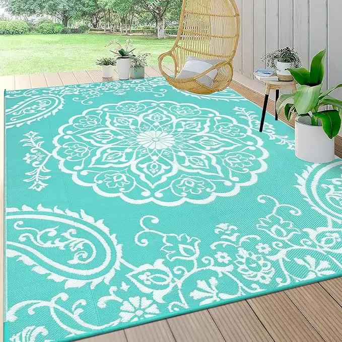 Pauwer Waterproof Outdoor Rug 6x9, Reversible Plastic Straw Patio Camping Rug, Indoor Outdoor RV Mat Carpet for Deck, Camper, Porch, Balcony, Backyard, Picnic, Boho Light Blue by GreenHaven Gardens