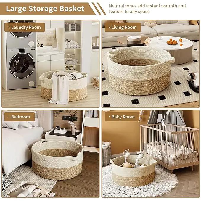 125L Extra Large Blanket Basket, 25" x 16", Jumbo Laundry Woven Baskets Decorative Home, Cotton Rope Basket with Handles, Baby Toy Baskets for Storage, White & Brown by GreenHaven Gardens