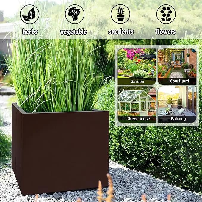 Galvanized Steel Rectangular Planter, 16"x 12"x 12" Small Planters for Outdoor Plants, Brown Outdoor Planter with Drainage Holes by GreenHaven Gardens
