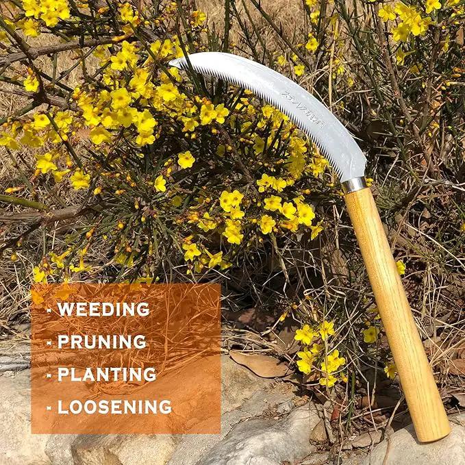 SHANFEEK Grass Sickle with Sawtooth Japanese Weeding Hoe Weeding Tools for Garden High Toughness Stainless Steel with Hard Solid Wood Handle(Yellow) by GreenHaven Gardens