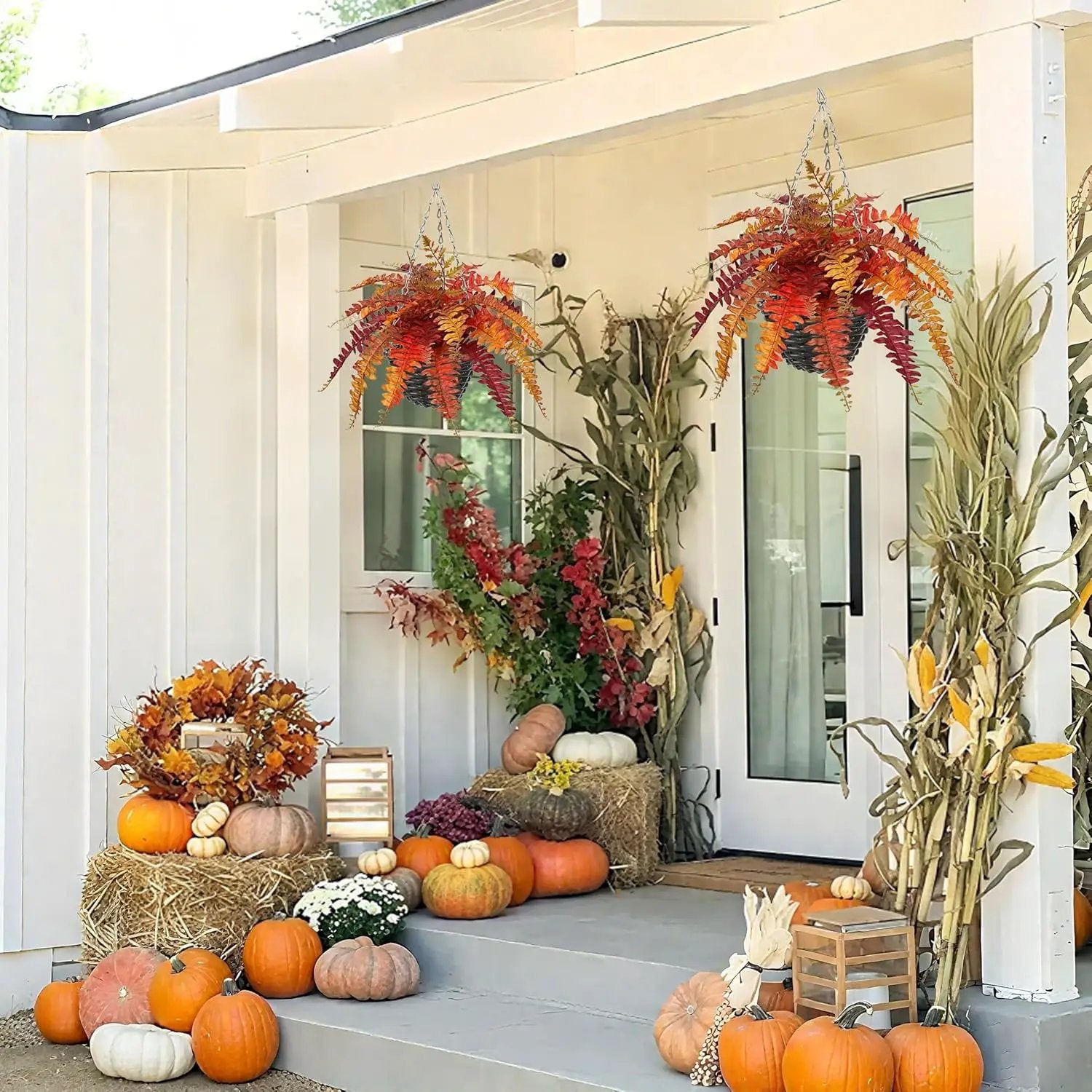 Hollyone Fall Hanging Baskets Small Artificial Fern Orange 21 Leaves Fall Hanging Decor Plant Boston Ferns Silk Plants with Black Rattan Baskets Outdoors Indoor Fake Fern Autumn Decorations for Home by GreenHaven Gardens