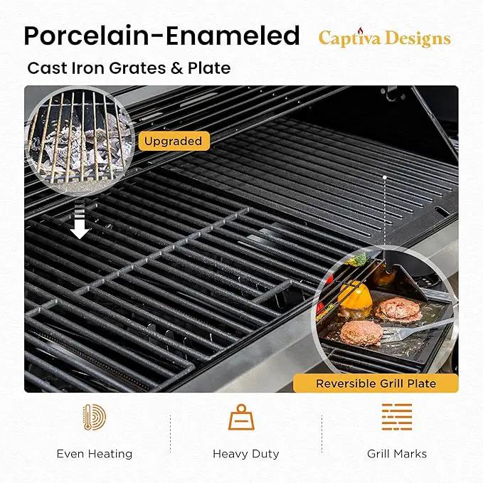 Captiva Designs 6-Burner Propane Gas BBQ Grill with Side Burner & Porcelain-Enameled Cast Iron Grate and Plate for Outdoor Barbucue Events, 52,000 BTU Output,740 SQ.IN. Cooking Area，Heavy Duty by GreenHaven Gardens