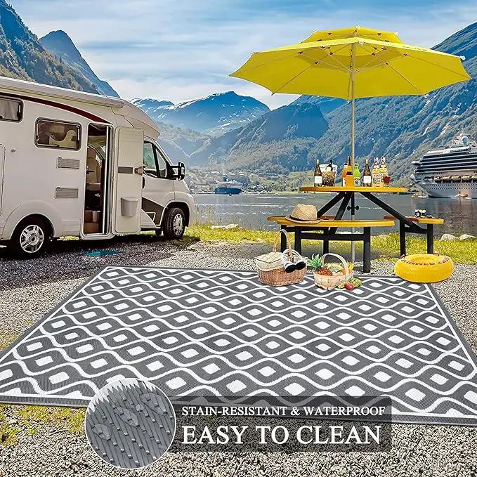 Pauwer Waterproof Outdoor Rug 6x9, Reversible Plastic Straw Patio Camping Rug, Indoor Outdoor RV Mat Carpet for Deck, Camper, Porch, Balcony, Backyard, Picnic, Geometric Grey by GreenHaven Gardens