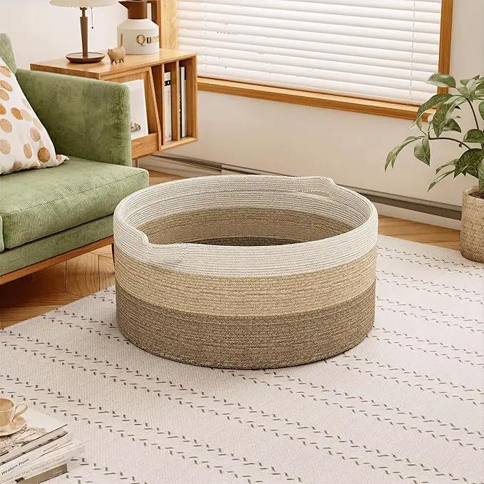 125L Extra Large Blanket Basket, 25" x 16", Jumbo Laundry Woven Basket Decorative Home, Cotton Rope Basket with Handles, Baby Toy Basket for Storage, Gradual Brown by GreenHaven Gardens