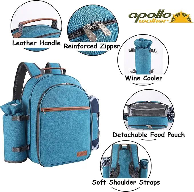 Apollo Walker Picnic Backpack Set for 2 Person with Cooler Compartment, Detachable Bottle/Wine Holder, Fleece Blanket, Plates and Cutlery Set (Teal) by GreenHaven Gardens