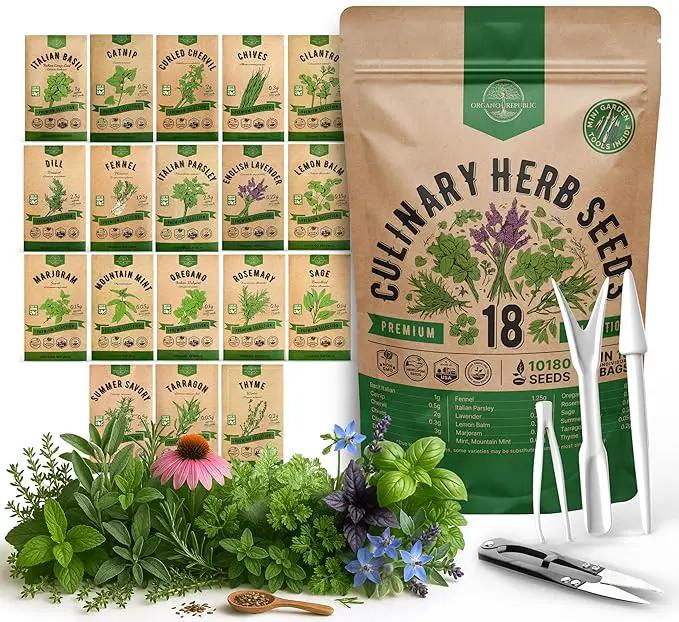 Organo Republic 18 Culinary Herbs Seeds Variety Pack - 10,180+ Heirloom, Non-GMO, Herbs Seeds for Outdoor and Indoor Home Gardening, Including Rosemary, Thyme, Oregano, Mint, Basil, Parsley by GreenHaven Gardens