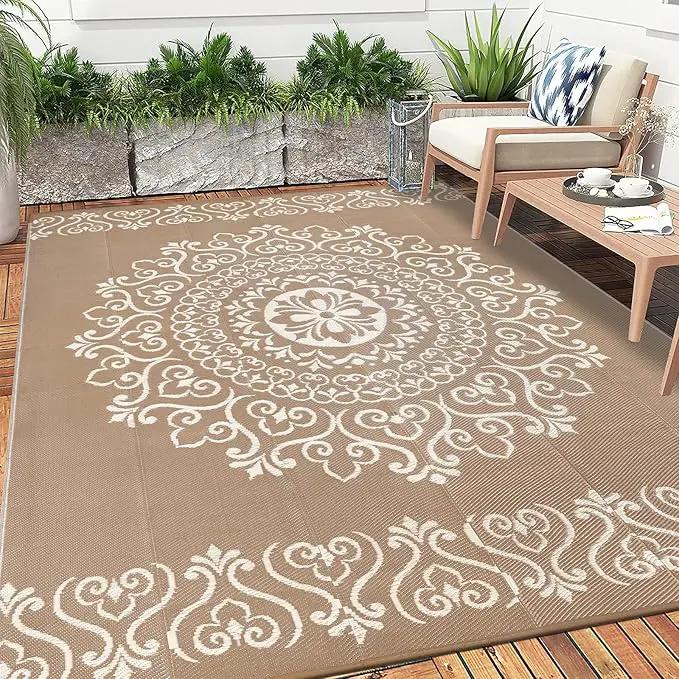 Pauwer Waterproof Outdoor Rug 9x12, Reversible Plastic Straw Patio Camping Rug, Indoor Outdoor RV Mat Carpet for Deck, Camper, Porch, Balcony, Backyard, Picnic, Floral Brown by GreenHaven Gardens