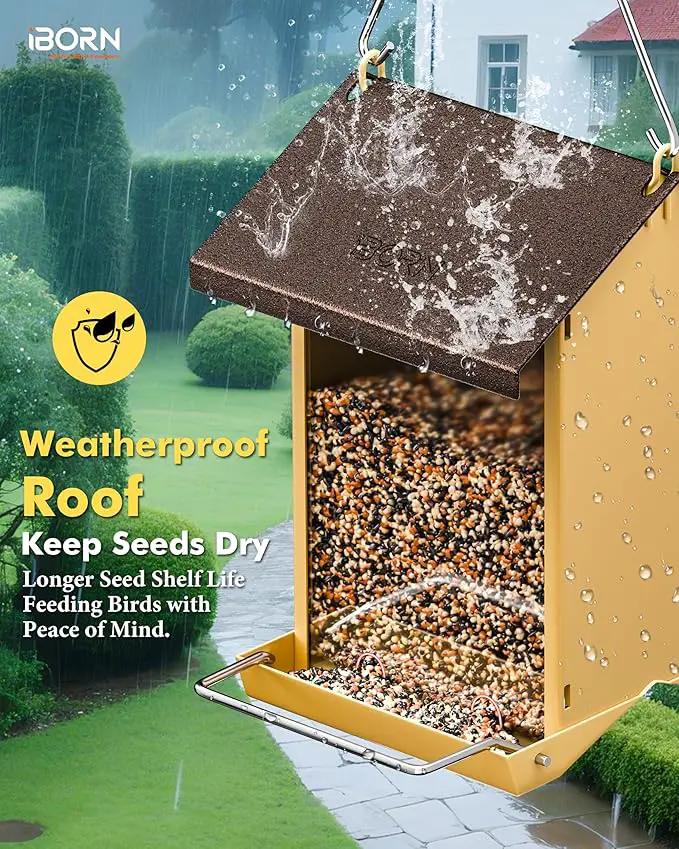 iBorn Bird Feeders for Outdoors,Bird House Feeder with Weatherproof Metal Roof & 8 Drain Holes,Fully Detachable Birdfeeder Design,Easy Clean & Refill,Chew-Proof PC Windows,1.5 Lbs Capacity,Coffee Roof by GreenHaven Gardens