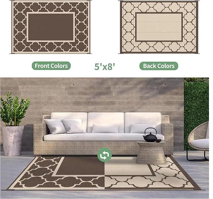 GENIMO 5' x 8' Outdoor Rug Waterproof for Patio Decor, Foldable Reversible Plastic Straw Area Rugs Mat for Camper, Outside Carpet for Rv, Deck, Porch, Picnic, Beach, Balcony, Coffee & Beige by GreenHaven Gardens