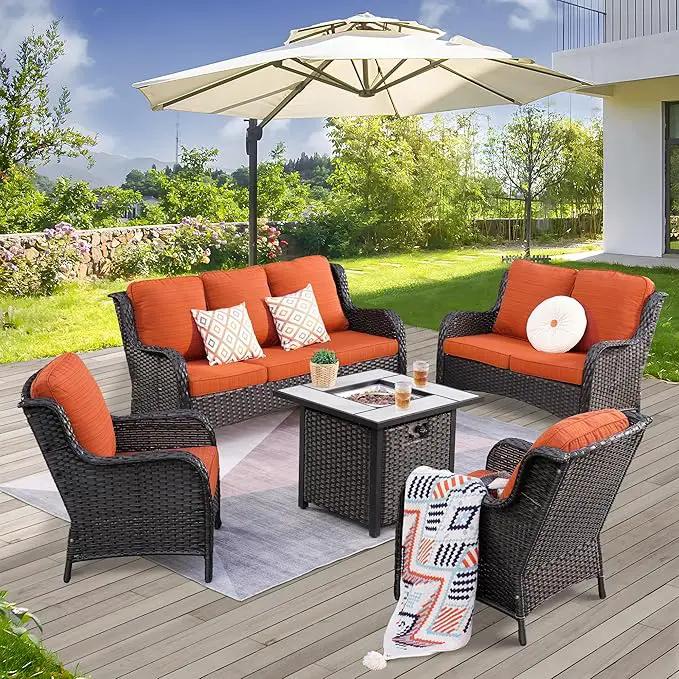 ovios 5 Pieces Patio Furniture Set with 30" Fire Pit Table, Outdoor Wicker Sofa with Loveseat, Comfy Cushions, High Back Couch Conversation Set, Brown Rattan, Orange Red by GreenHaven Gardens