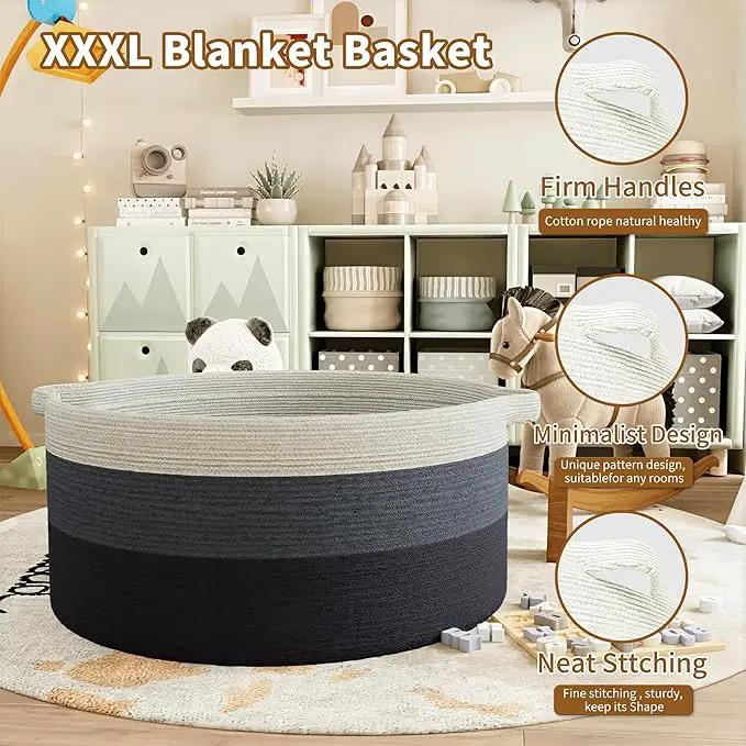 125L Extra Large Blanket Basket, 25" x 16", Jumbo Laundry Woven Baskets Decorative Home, Cotton Rope Basket with Handles, Baby Toy Baskets for Storage, Gradual Blue, 2PC by GreenHaven Gardens