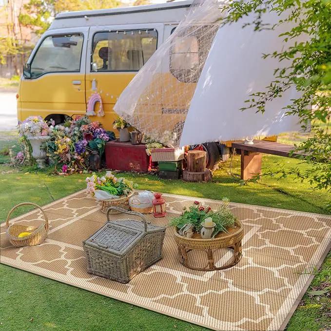 GENIMO 5' x 8' Outdoor Rug Waterproof for Patio Decor, Foldable Reversible Plastic Straw Area Rugs Mat for Camper, Outside Carpet for Rv, Deck, Porch, Picnic, Beach, Balcony, Brown & Beige by GreenHaven Gardens