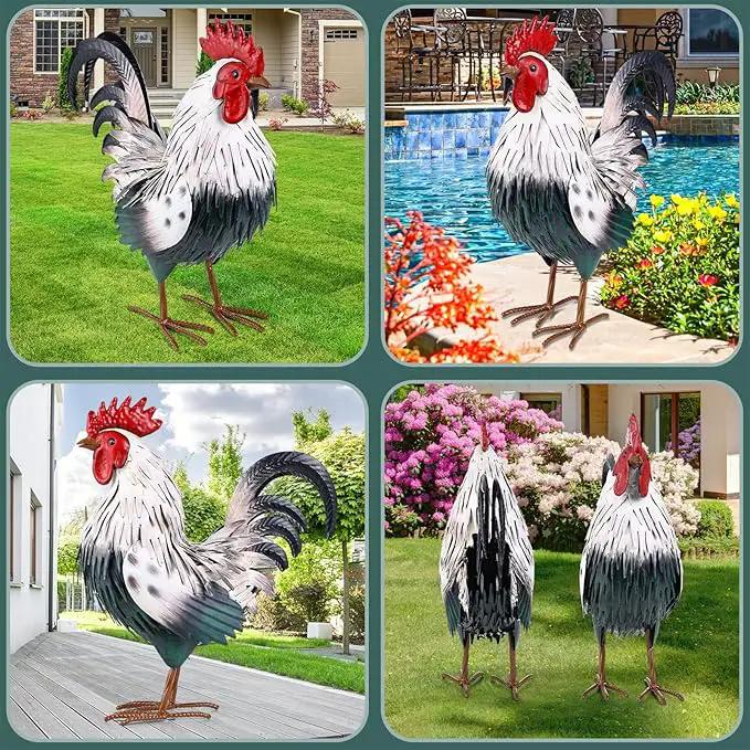 Rooster Garden Statue Sculpture Metal Chicken Yard Decor Outdoor Figurines Patio Backyard Decoration by GreenHaven Gardens