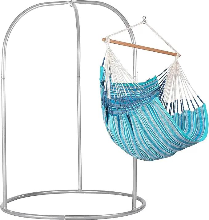 LA SIESTA - Large Comfort Habana Cotton Hammock & Romano Steel Stand - Indoor Outdoor Hanging Chair Swing for Bedroom Porch Balcony - Boho Hanging Chair - Azure by GreenHaven Gardens