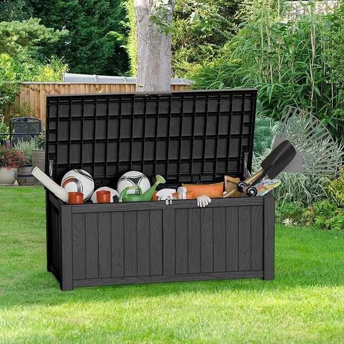 150 Gallon Outdoor Storage Box Patio Deck Box Waterproof, Resin Lockable Outside Large Storage Bin for Pool Cushion Furniture, Garden Tools UV-Resistant, Black by GreenHaven Gardens