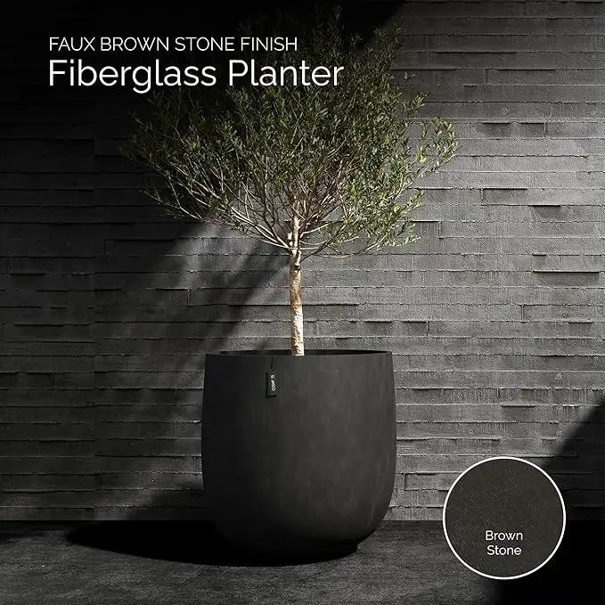 Mondo Large Planter – Brown Stone Finish – Fiberglass Indoor/Outdoor and Weather-Resistant Round Planter (19.7" D x 19.1" H Exterior, 18.5" D x 18.5" H Interior) by GreenHaven Gardens